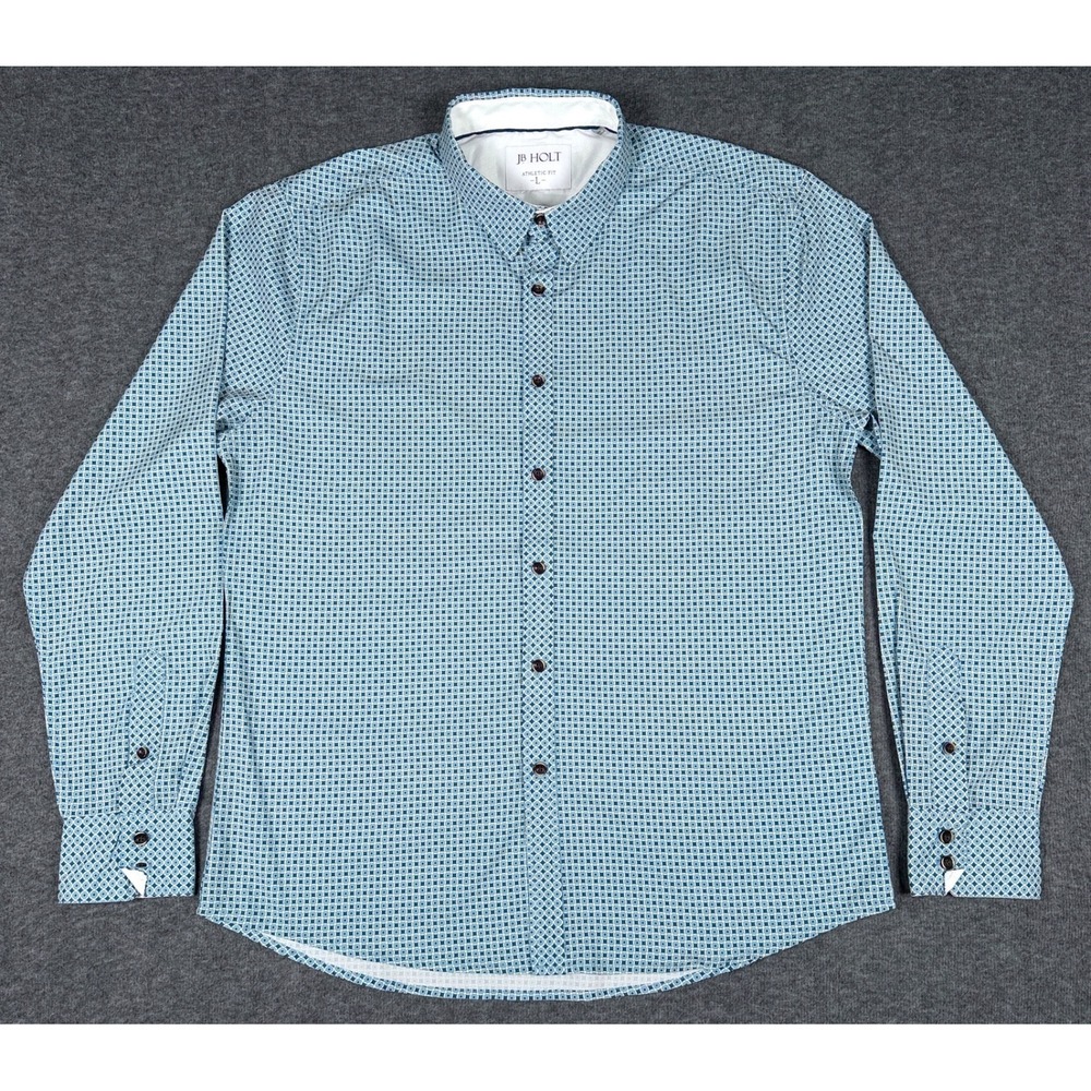 JB Holt Shirt Mens Large Blue White Geometric Athletic Fit Button Up Performance
